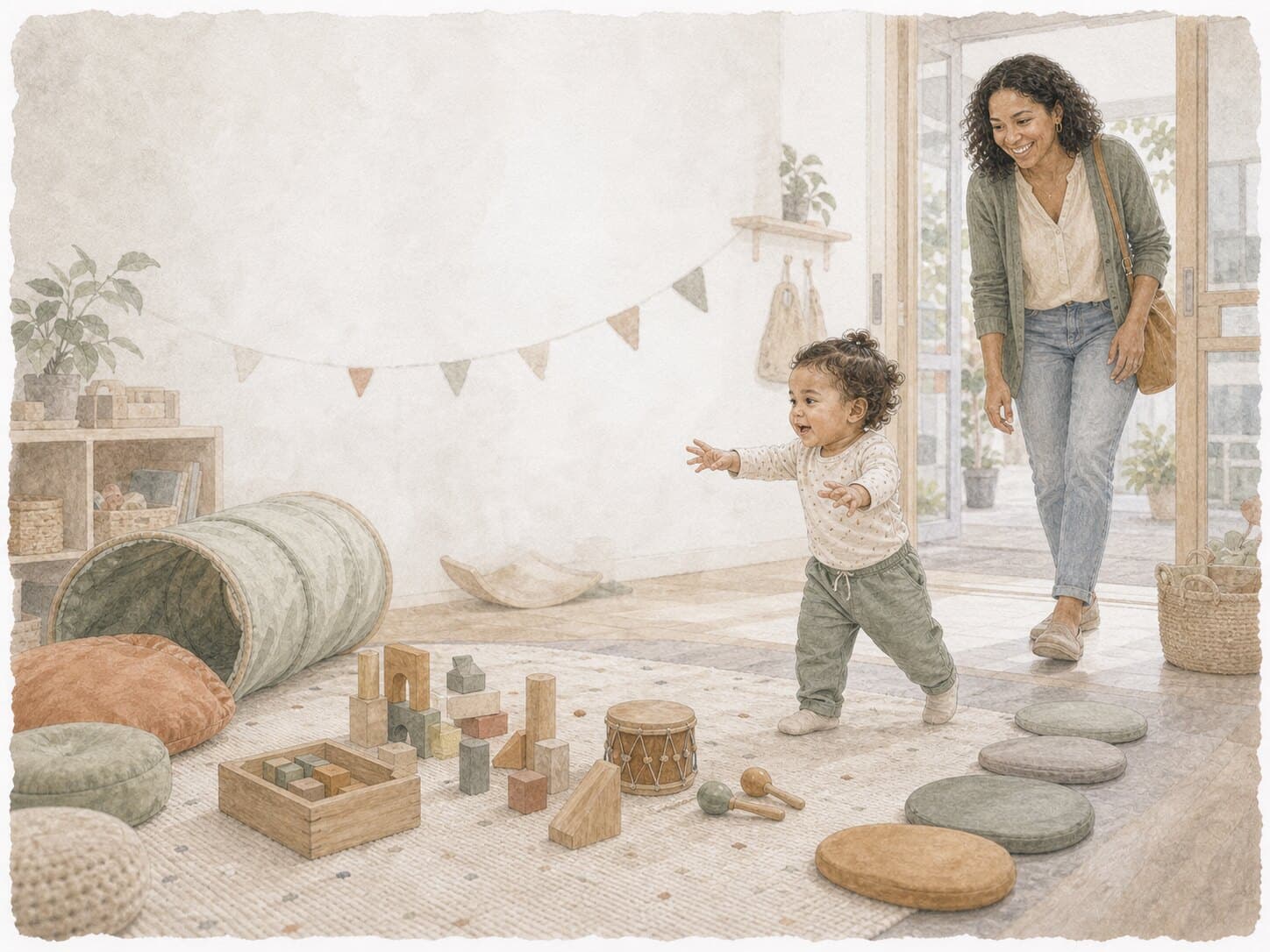 A toddler and parent entering a prepared Early Intervention play center with blocks, music, a tunnel, and stepping stones