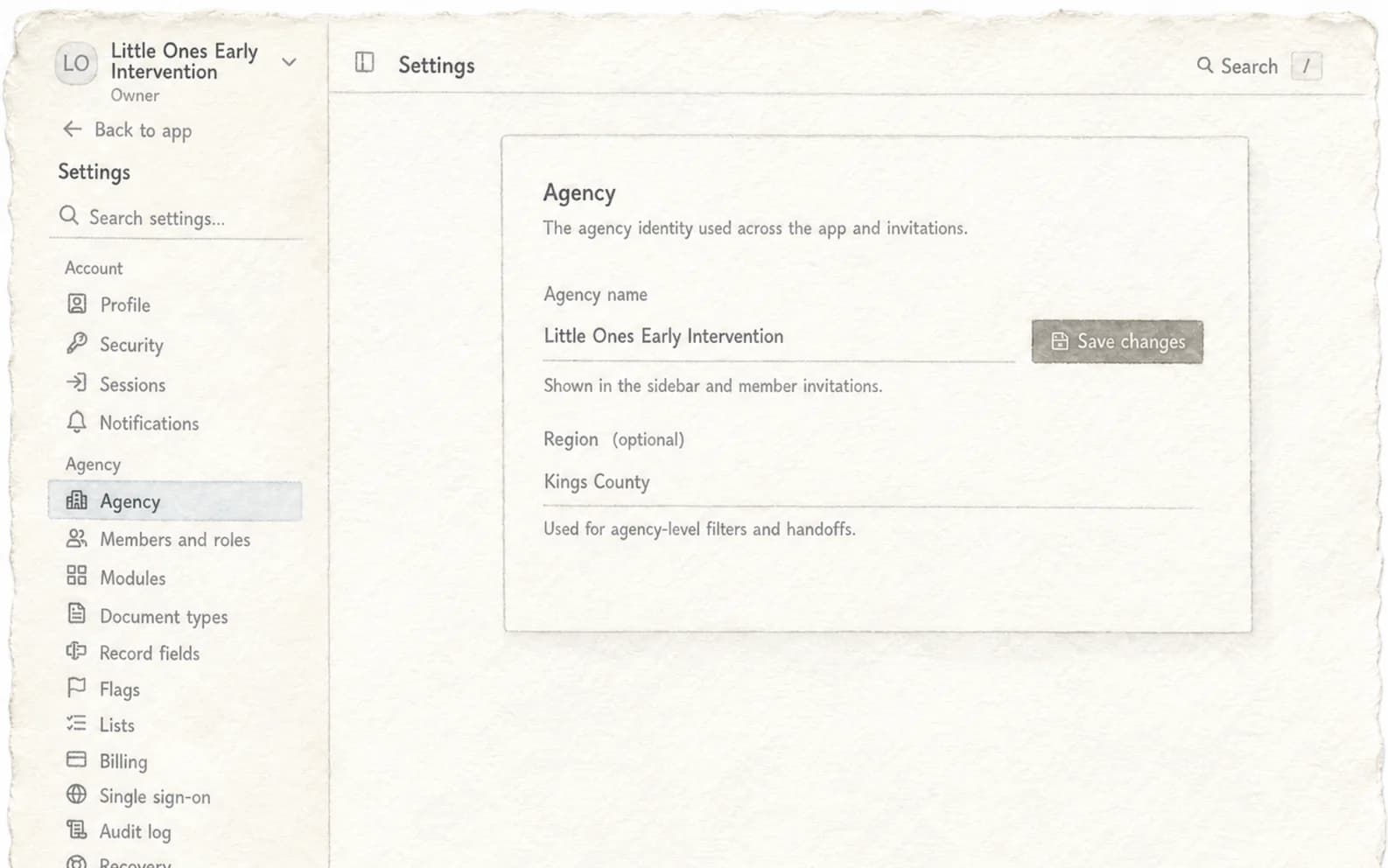 A watercolor rendering of Tiny's agency settings page with the Little Ones Early Intervention identity and region controls