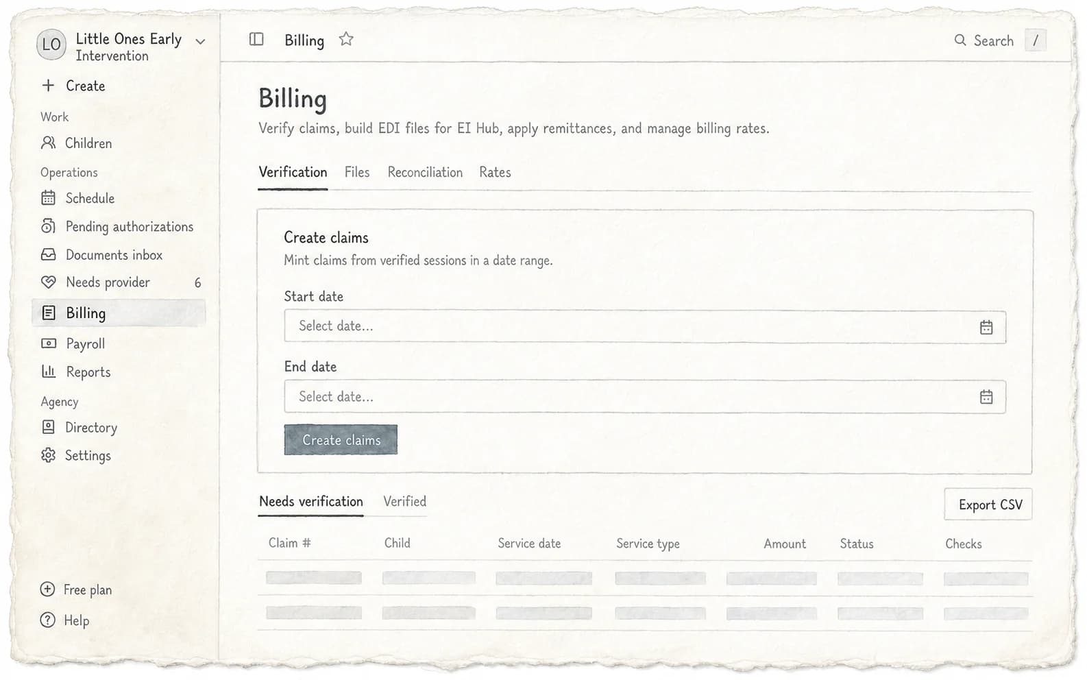 A watercolor rendering of Tiny's Billing page with claim creation, verification, files, reconciliation, rates, and export controls