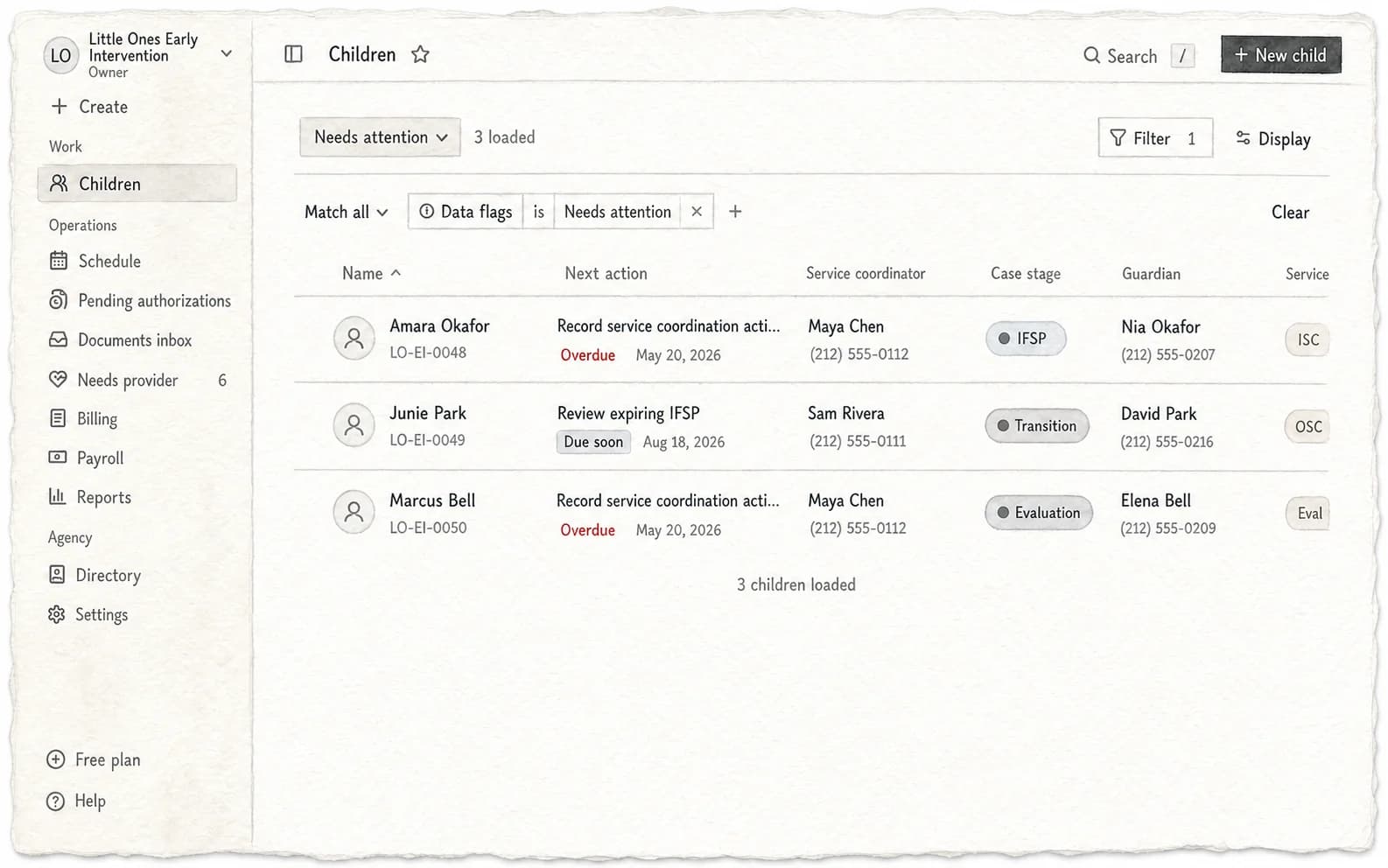 A watercolor rendering of Tiny's Children worklist showing fictional next actions, due dates, case stages, coordinators, and services