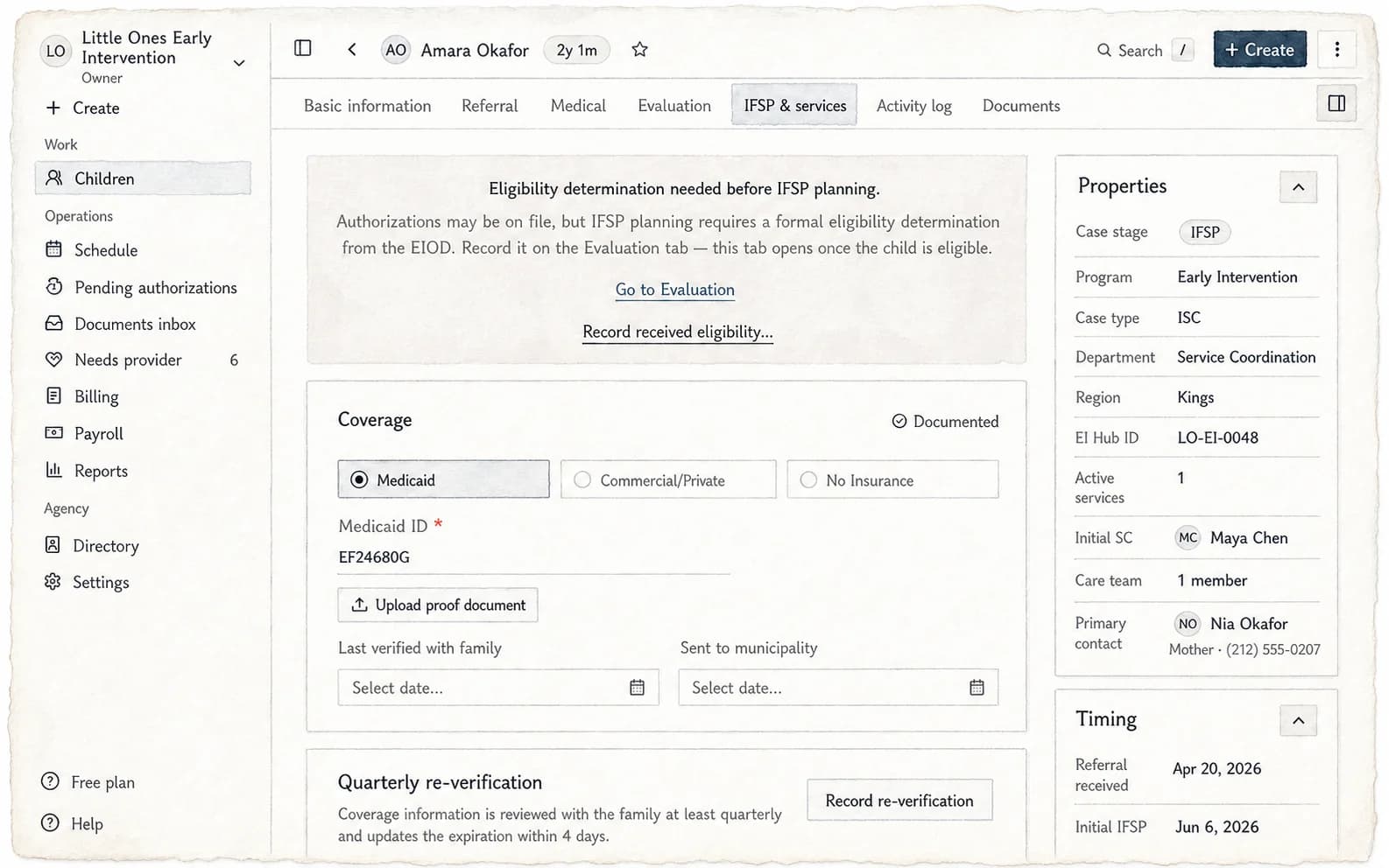 A watercolor rendering of Tiny's IFSP and services page showing an eligibility gate, coverage documentation, and record timing